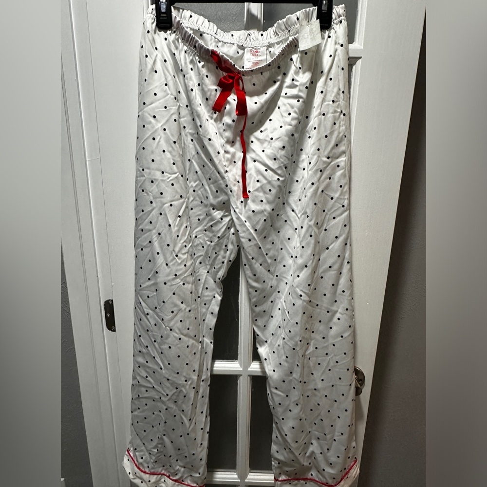 Women's White Polka Dot Pajama Pants with Red Drawstring